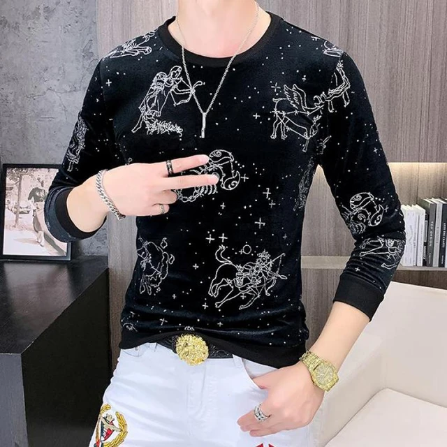 Men's T-shirt Quality Mercerized Cotton V-shaped Pattern Rhinestone 20201  New Street Fashion Style Short-sleeve Male Top Clothes