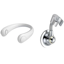 1 Pcs Shower Head Holder Suction Cup Handheld Bracket & 1 Set Hanging Neck Fan USB Rechargeable Adjustable Air Cooler