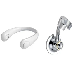 1 Pcs Shower Head Holder Suction Cup Handheld Bracket & 1 Set Hanging Neck Fan USB Rechargeable Adjustable Air Cooler