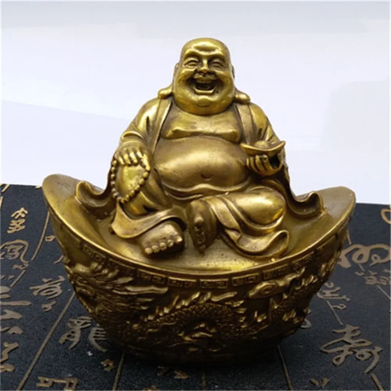 Китайский латунный по феншуй статуя Будды с счастливым смехом Maitreya Yuanbao Ruyi