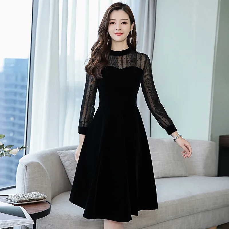 

Gold Velvet Dress 2019 Early Spring New Style Fashion High-End Big Brand Slimming Slim Fit Base WOMEN'S Dress