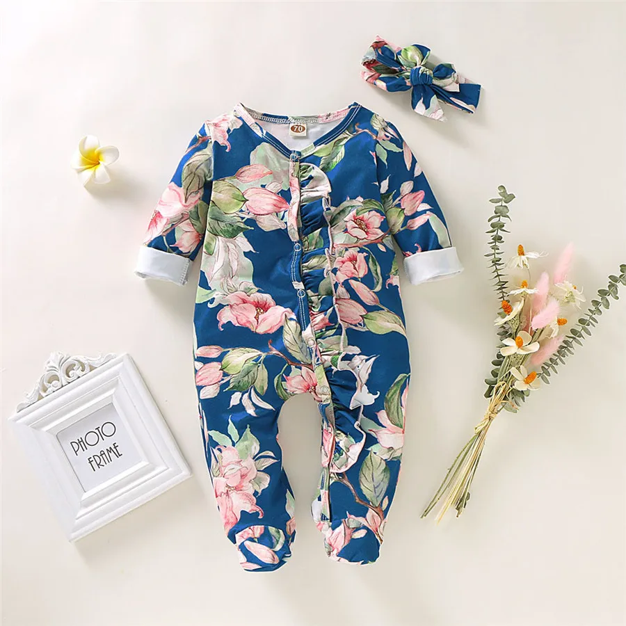 Baby sports pajamas long sleeve floral print wrap feet haile warm pajamas comfortable baby climbing clothes + headband 40A1 (4)