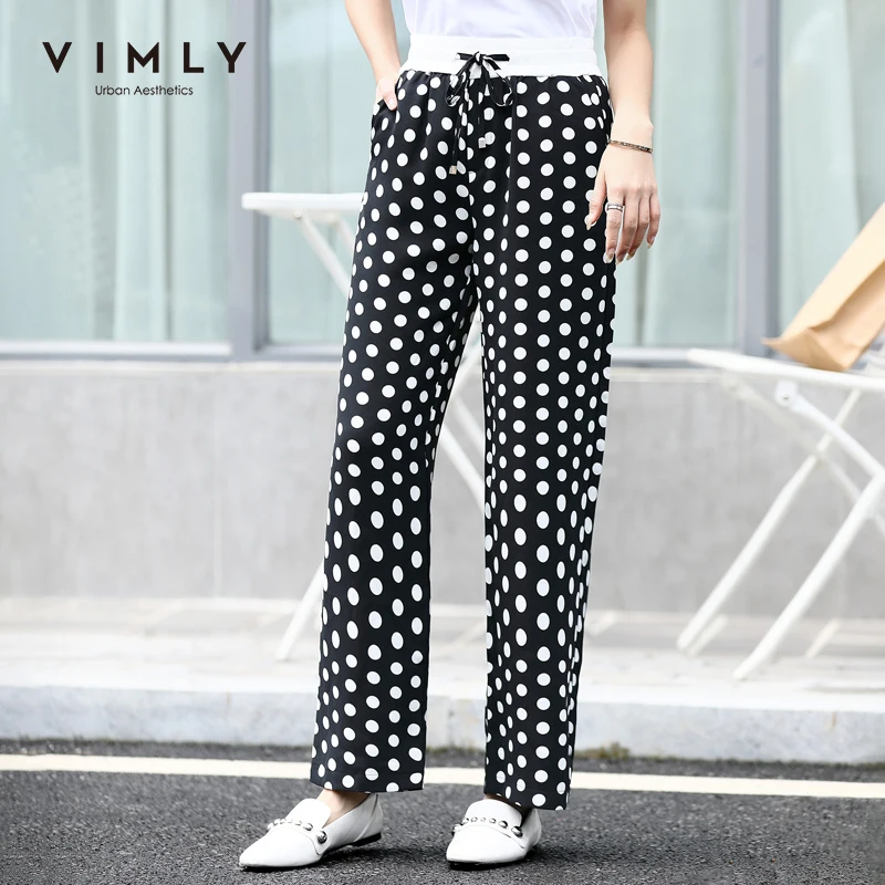 Vimly 2020 Summer Women Dot Wide Leg Pants Casual High Waist Elastic Loose OL Style Pocket Female Long 70018 | Женская одежда