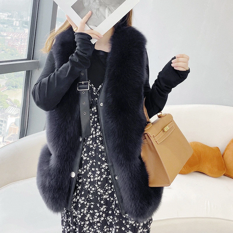 Real Natural Fox Fur Coat For Women Luxurious Warm Fashionable Sleeveless Dark Buckle Jacket High Quality New Winter 2021 black down jacket