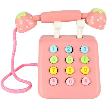 

Girl Toys Phone Strawberry Simulation Pink Telephone Furniture Wooden Toys Child Educational Birthday Gift Pink
