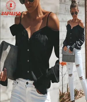 

Zapalisa Solid Color Slim Streetwear Long Sleeve Women Shirts Fashion Button Decor Off Shoulder SexyHalter Blouse
