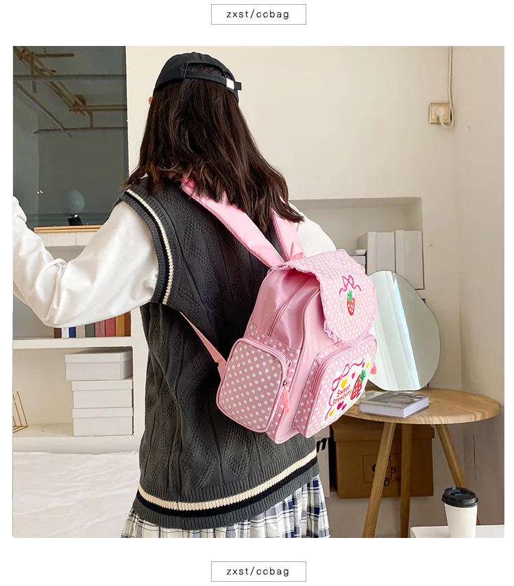 New Japanese Style Cartoon Strawberry Embroidery Schoolbag Student Girls Lolita Lace Backpack