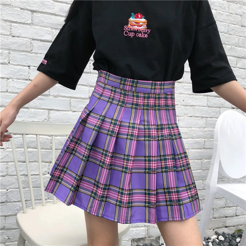 S 2XL новые школьные юбки Harajuku фиолетовая клетчатая плиссированная юбка с высокой талией Женская Милая Мини Женская юбка консервативный стиль летняя юбка