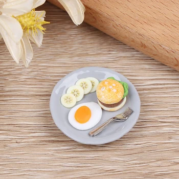 

1:12 Miniature Breakfast Set Hamburger Egg Dish with Tray Dollhouse Kitchen Food Accessories