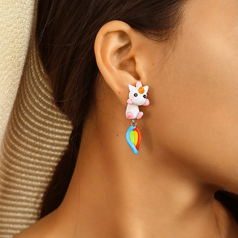 

Fashion cartoon lovely unicorn Polymer clay drop earring For Women Cute Animals Dangle Jewelry 2019 New Arrival Girls Gifts