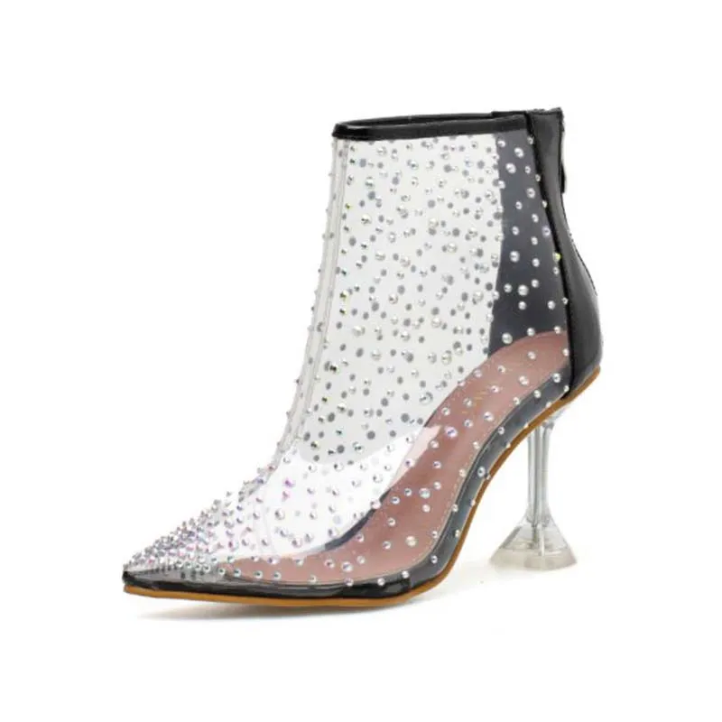 

2020 New High Heel Women Ankel Boots Pointed Toe Diamond PVC Transparent Women Booties Sexy Rivet transparent Heel Boots Shoes