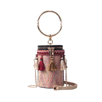 

Women's new style tassel straw woven bag Korean leisure chain bucket bag ethnic female bag