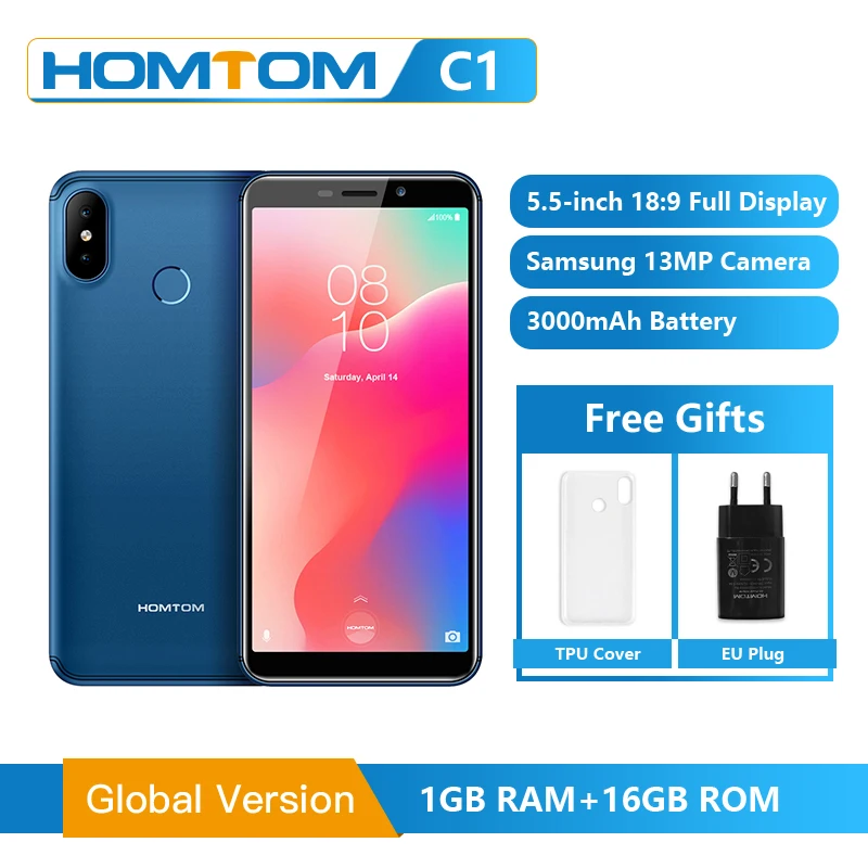 

HOMTOM C1 16G ROM 5.5 Inch Mobile Phone Android 8.1 MT6580A Quad core 13MP Camera Fingerprint 18:9 Display Unlocked Smartphone