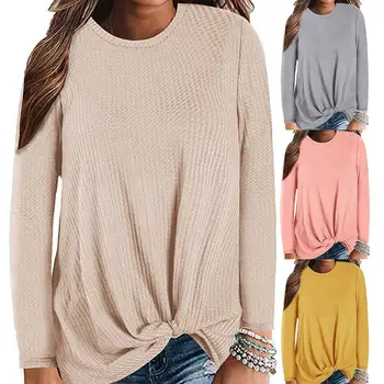 

sweater women round neck sweater Waffle Knit Knot Long Sleeve Sweater Fashion Casual Wild Pullover Top