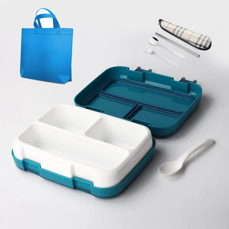 Microwavable герметичная школьная коробка для обеда для детей Детский контейнер для еды с отделениями портативный квадратный пластиковый набор коробочек для бэнто - Цвет: Dark Blue 3 Grid-Bag