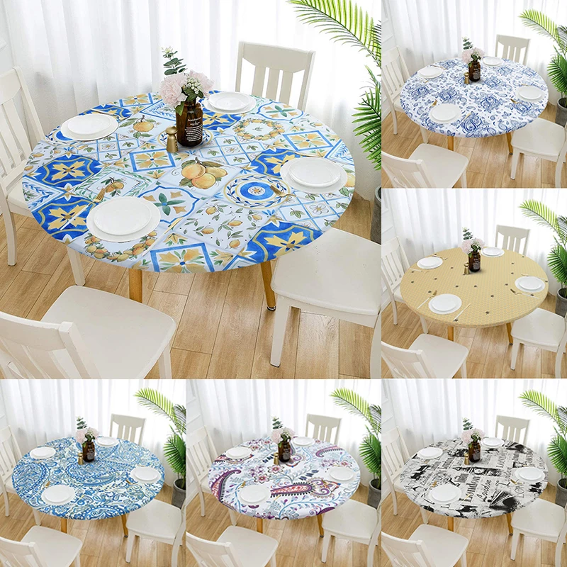 Round Elastic Printing Tablecloth Easy Clean Table Cover Home Kitchen Living Room Waterproof and Oil Proof Table Cloth