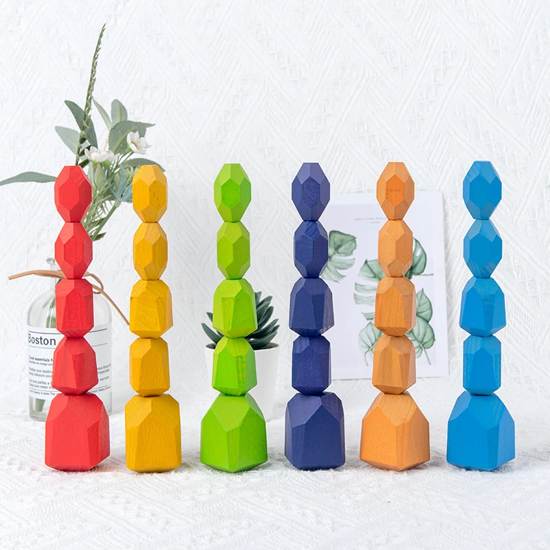 

Wooden Jenga Building Block Colored Stone Children's Toys Educational Creative Toy Cold Tone Nordic Style Stacking Table Game