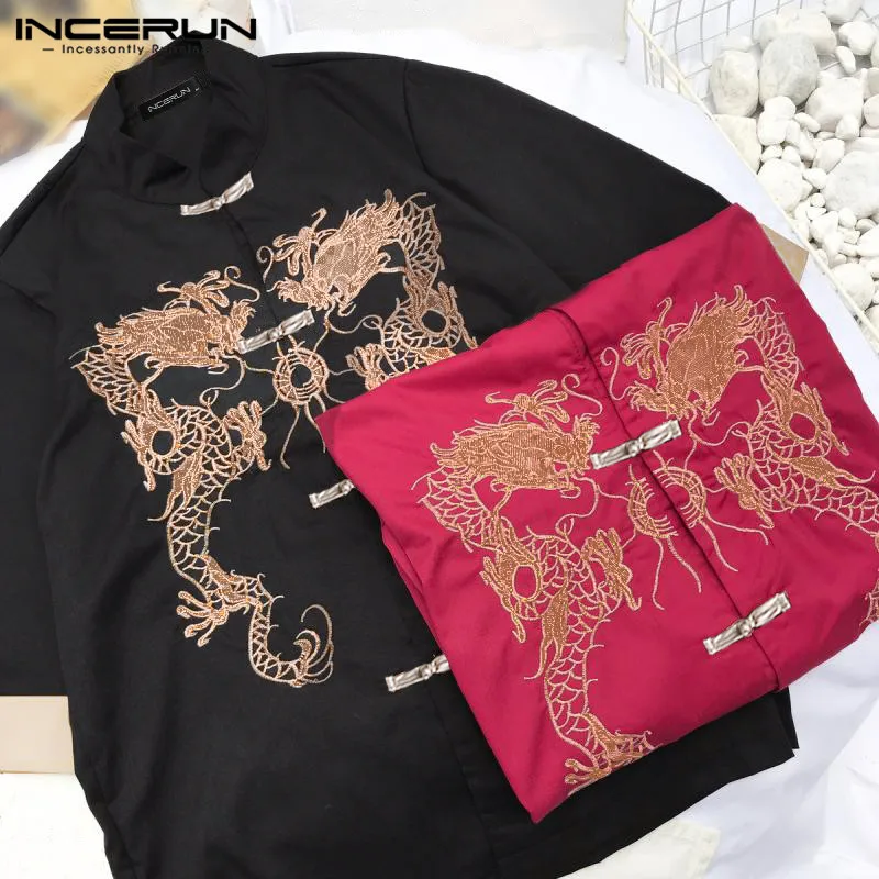 

INCERUN Men Chinese Style Shirt Vintage Printing Tang Suit Man Casual Stand Collar Button Tops Half Sleeve Elegant Blouse S-5XL