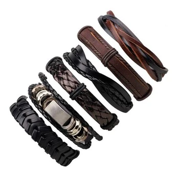 

Vintage 6pcs/set Multilayer Leather Bracelet Men Women Fashion Braided Handmade Rope Wrap Punk Bracelets & Bangles Male Gift
