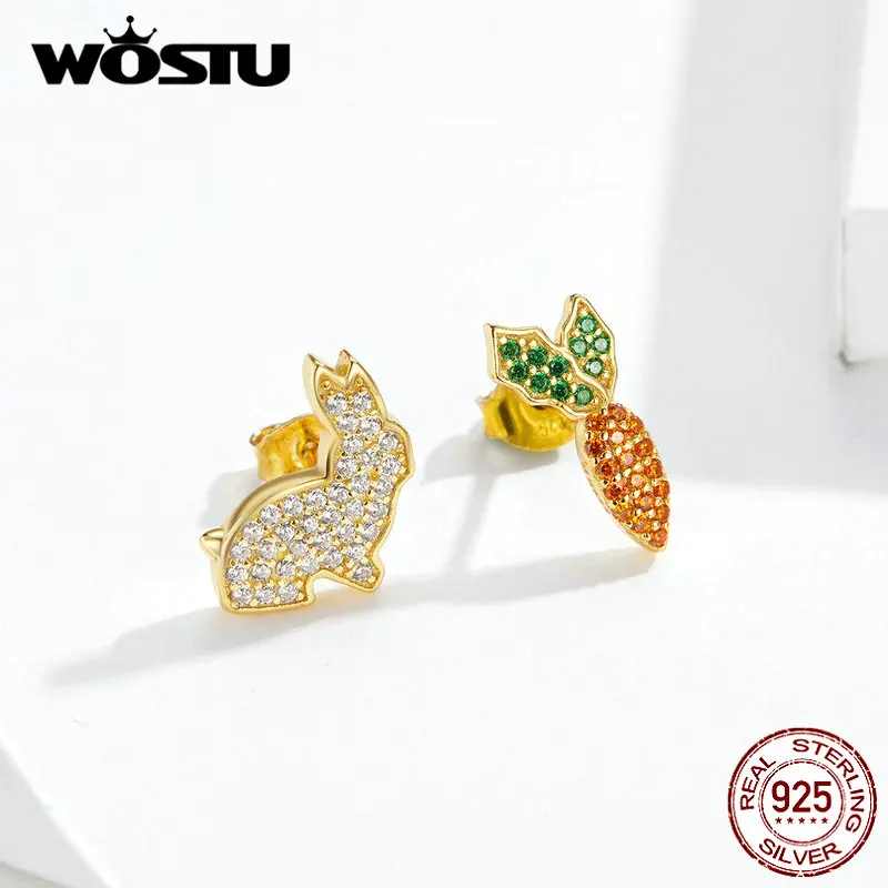 WOSTU модные 925 пробы серебряные серьги-гвоздики с кроликом и морковкой циркониевые золотые свадебные серьги для женщин Свадебные ювелирные изделия DXE249-B