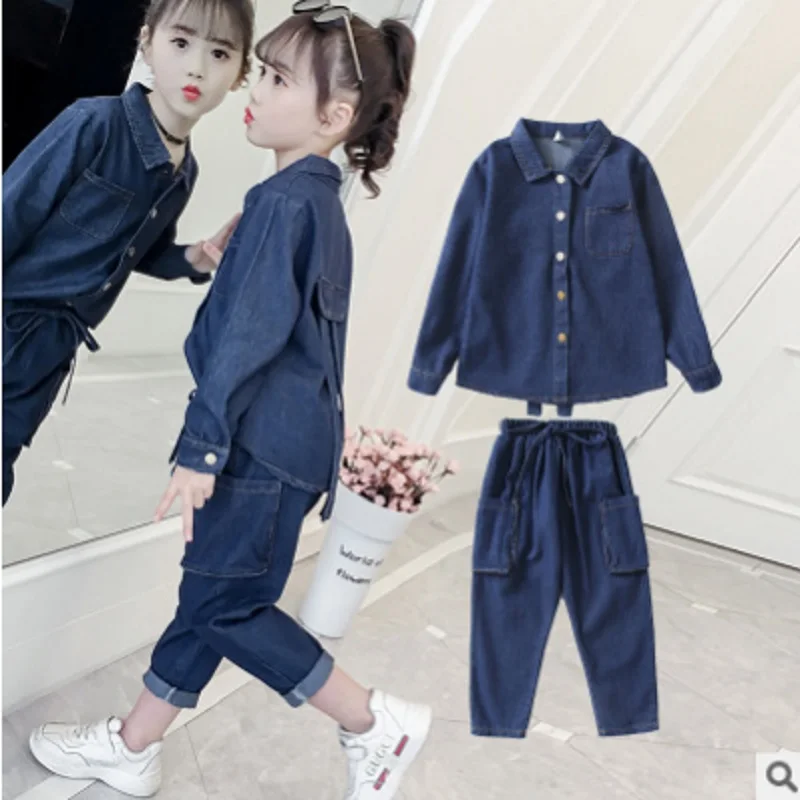 Детские комплекты одежды из джинсовой ткани Новинка года, весенне-осенние Size4-14 с отворотами синего цвета для девочек комплекты детской одежды комплект из 2 предметов ly337