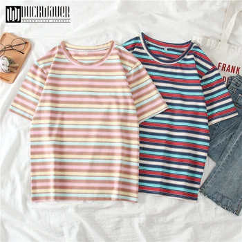 

Duckwaver Sweet Striped Women T Shirt Geometirc Short Sleeve T-shirt Female Korean Tops Spoof Personality Women Football Shirt