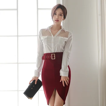 

In han edition temperament lapel shirt belt of tall waist waist skirts