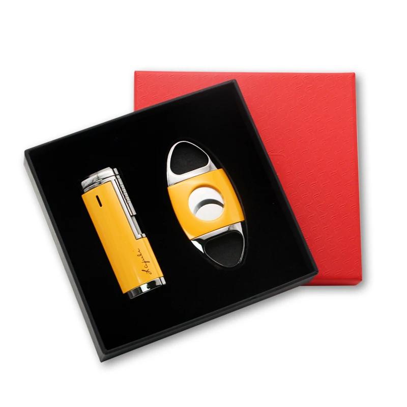 Абсолютно металлический супер острый сигарный нож ветрозащитная 4 струйная Зажигалка для сигар с подарочной коробкой Набор для COHIBA - Цвет: Цвет: желтый