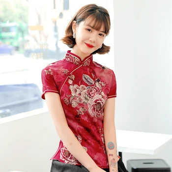 

Satin Tops Women Print Flower Tang Clothing OverSize 3XL 4XL 4XL Shirt Chinese Style Slim Blouse Elegant Blue Tang Coat