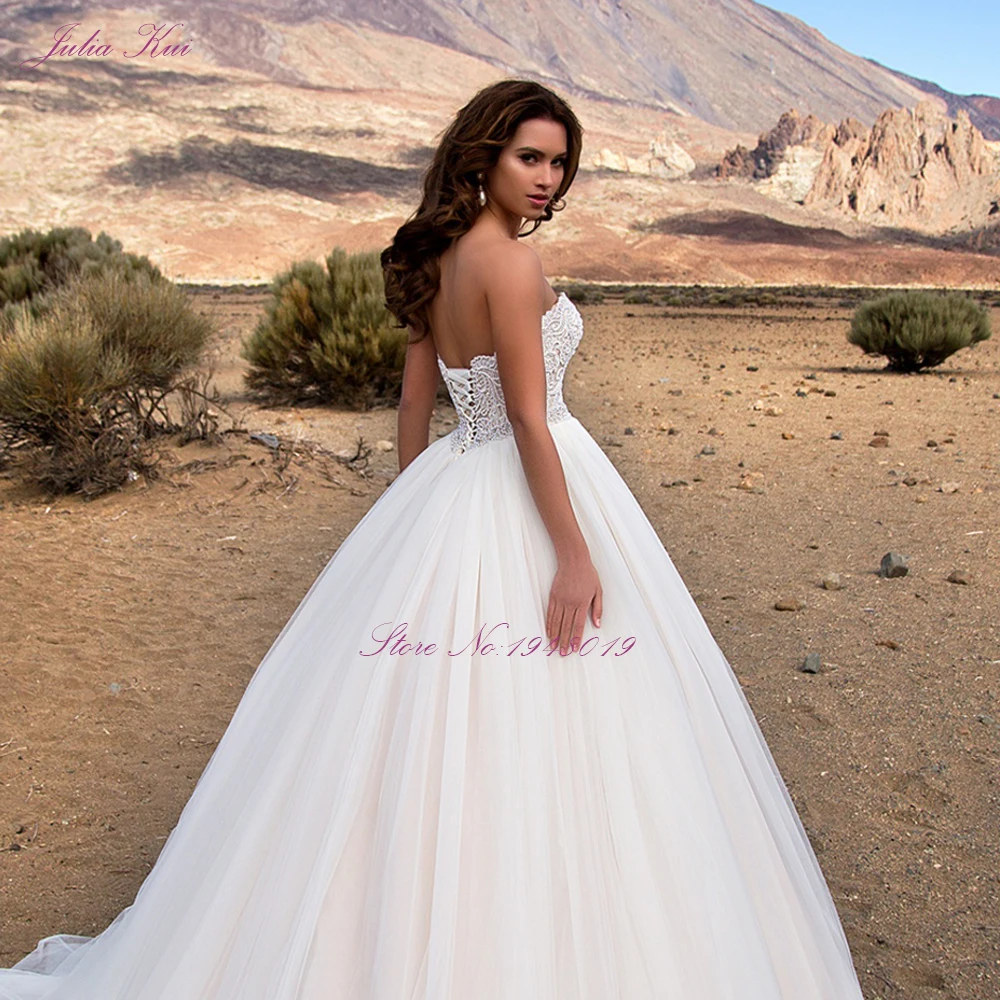 Julia Kui Gorgeous Strapless A-line Wedding Dress With Delicate Lace Of Sweep Train Tulle Wedding Gown