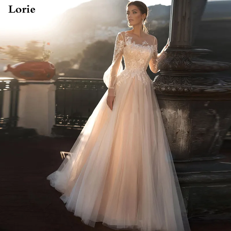 Lorie Champagne Princess Wedding Dress A-Line Puff Sleeve Wedding Gowns Boho Lace Appliques Lace