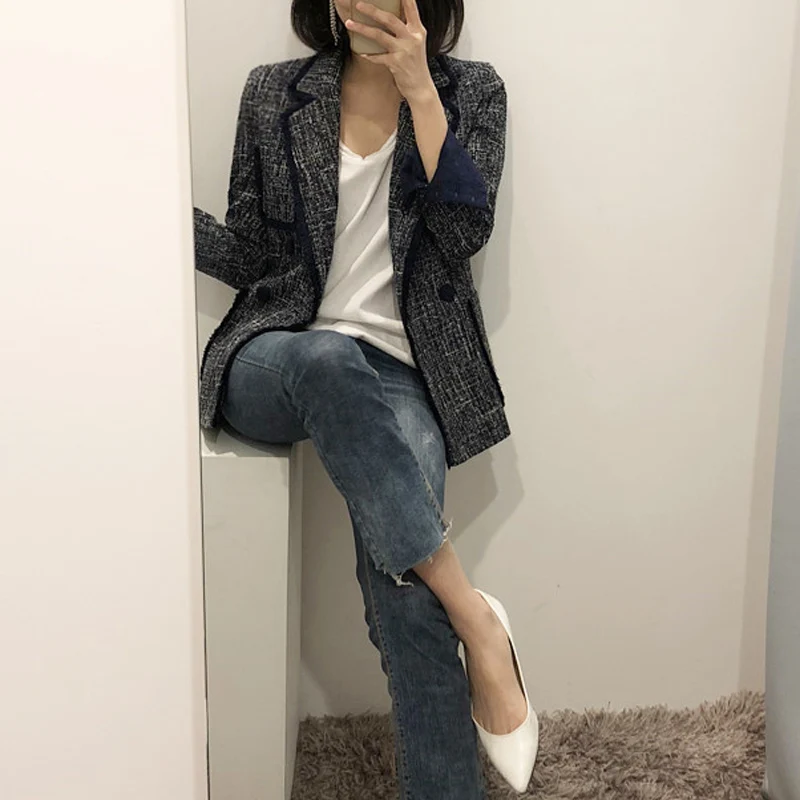 FUNKLOUZ Elegant Women's Blazer Notched Long Sleeve Pocket Button Slim Female Suit 2019 Autumn Office Lady