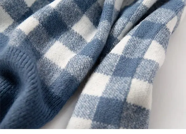 Синий/верблюжий женский шерстяной смешанный контрастный цвет клетчатый свитер с длинным рукавом Джемпер Топ-Женский вязаный пуловер