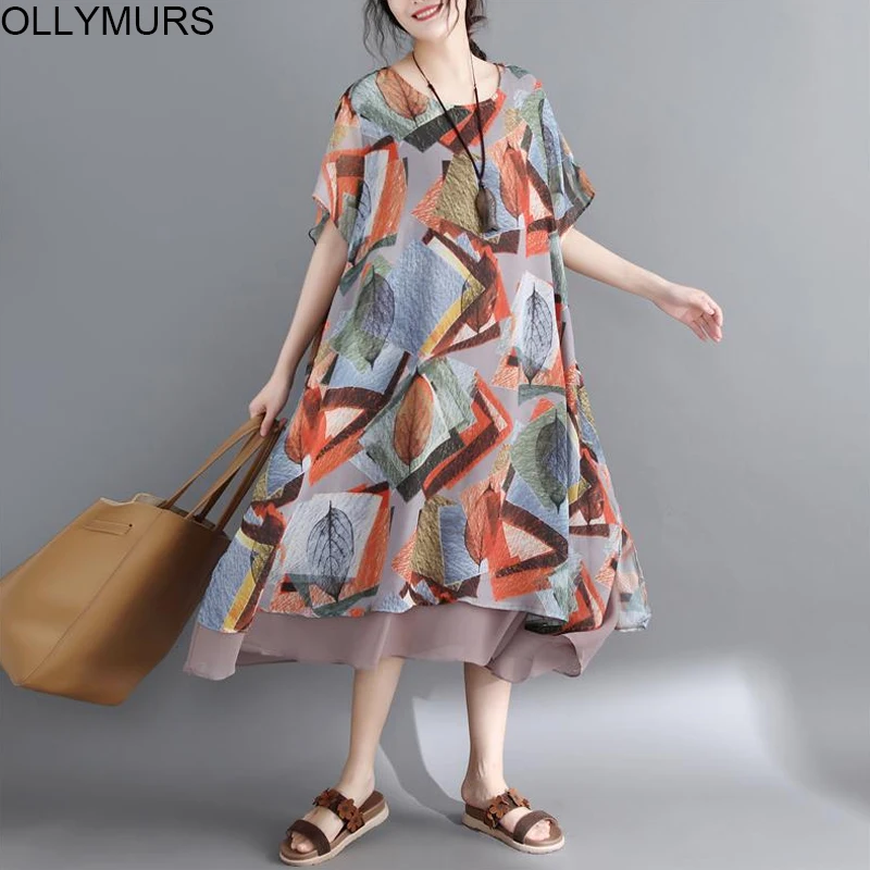 

2020 Weman Ladies Dresses Bohemian Printed Long Floral Pink Elegant Dresses Plus Size Chiffon Boho Summer Beach Dress Women 5XL