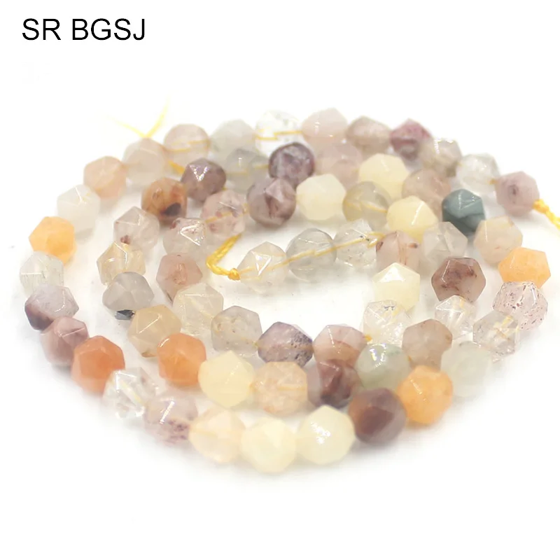 Free Shipping 6mm 8mm 10mm Faceted Round Polygonal Gems Genuine Natural Stone Mixed Rutilated Quartz Beads Strand 15&quot|bead strands|quartz