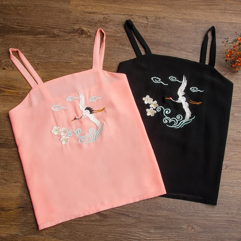 Женская рубашка без рукавов с вышивкой Журавля майка Hanfu для девушек жилет в