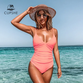 Женский цельный купальник CUPSHE, однотонный розовый купальный костюм с глубоким v-образным вырезом, съемный бюстгальтер, однотонный Монокини,...
