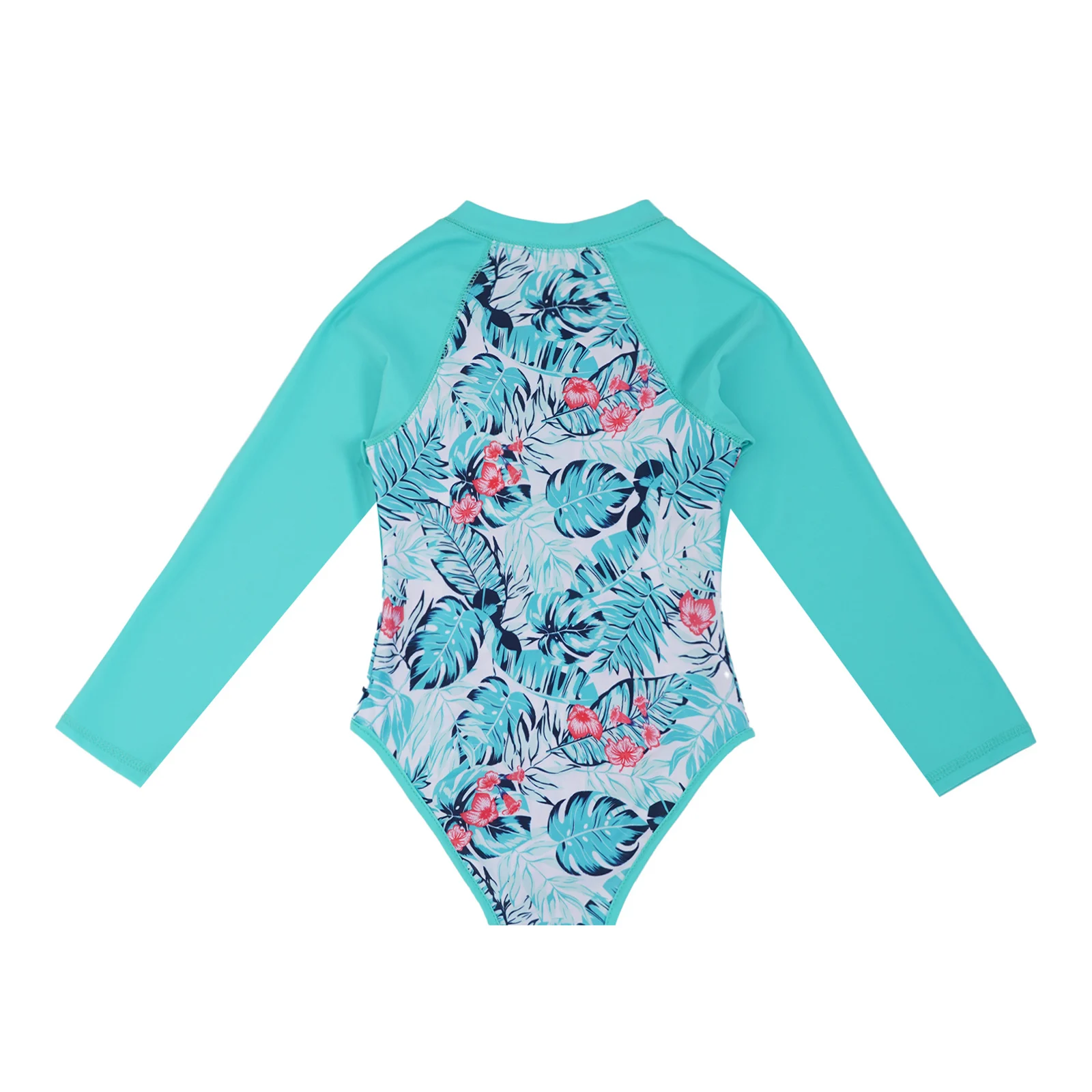 Kids Girls One Piece Swimsuit Rash Guard Beachwear Long Sleeves Floral Printed Zippered Swimwear Children Swimming Bathing Suit
