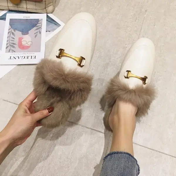 Shoes Woman Winter Slippers Luxury Slides Pokemon Plush Cover Toe Platform Mules Women Designer Fur New Flat Basic Cotton - Цвет: 3