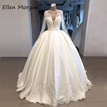 

Ivory Satin Long Sleeves Ball Gowns Wedding Dresses for Bridal Vestidos De Novia 2020 Real Photos V Neck Lace Merry Princess