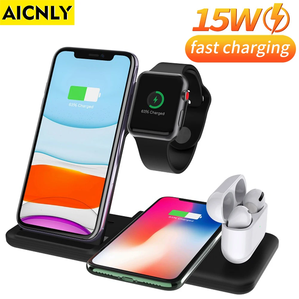 15W 4 in 1 Wireless Charger Stand For iPhone 12 11 XS XR X Foldable Qi Fast Charging Dock Station for Apple Watch Airpods Pro
