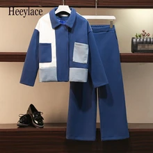 Зимние шерстяные комплекты из двух предметов для офиса размера плюс, теплое толстое шерстяное пальто и широкие брюки, элегантный корейский комплект
