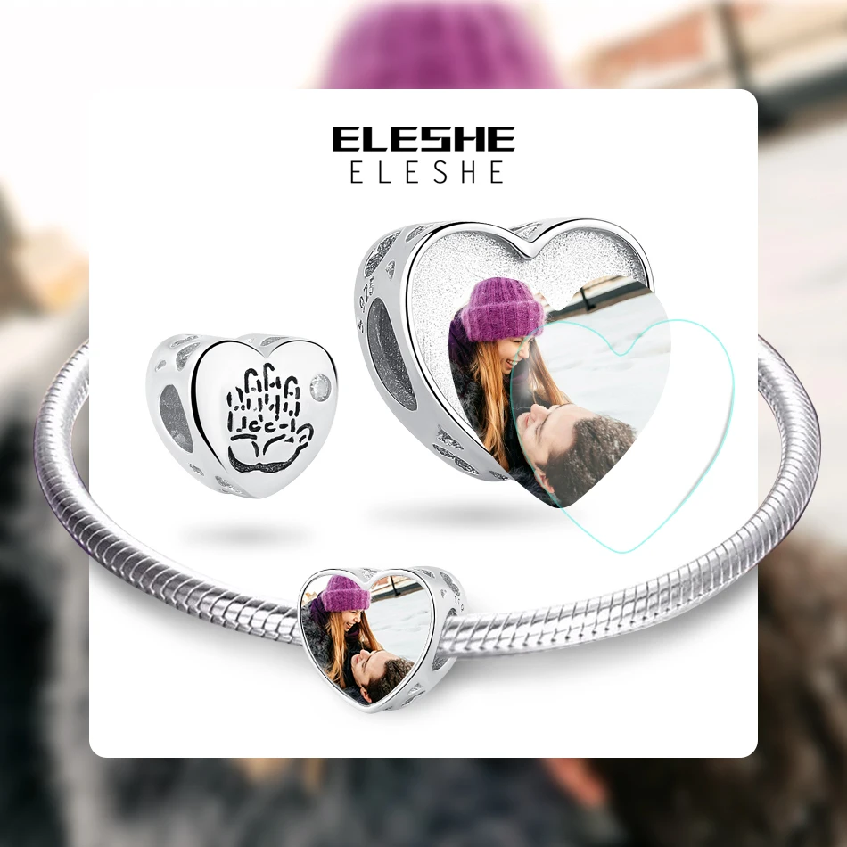 ELESHE,, 925 пробы, серебряный шарм, бисер, для ребенка, ручная работа, прозрачный CZ, на заказ, фото, сердце, подвески, подходят для женщин, браслеты, сделай сам, ювелирное изделие