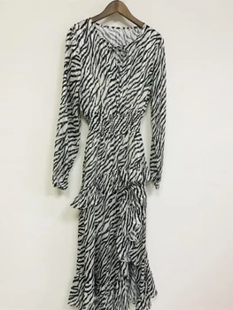 

2020 New Ruffled Women Midi Dress Stripes Printed Lace-up Tie Collar Long-sleeved Elastic Female Split Dresses For Holiday