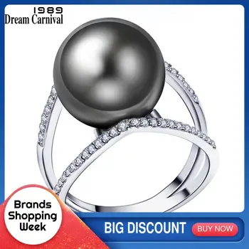 

DreamCarnival 1989 Hollow Stylish Ladies Index Ring Synthetic Grey Pearl Jewelry Cubic Zircon Paved Rhodium Women Bijoux WA11426
