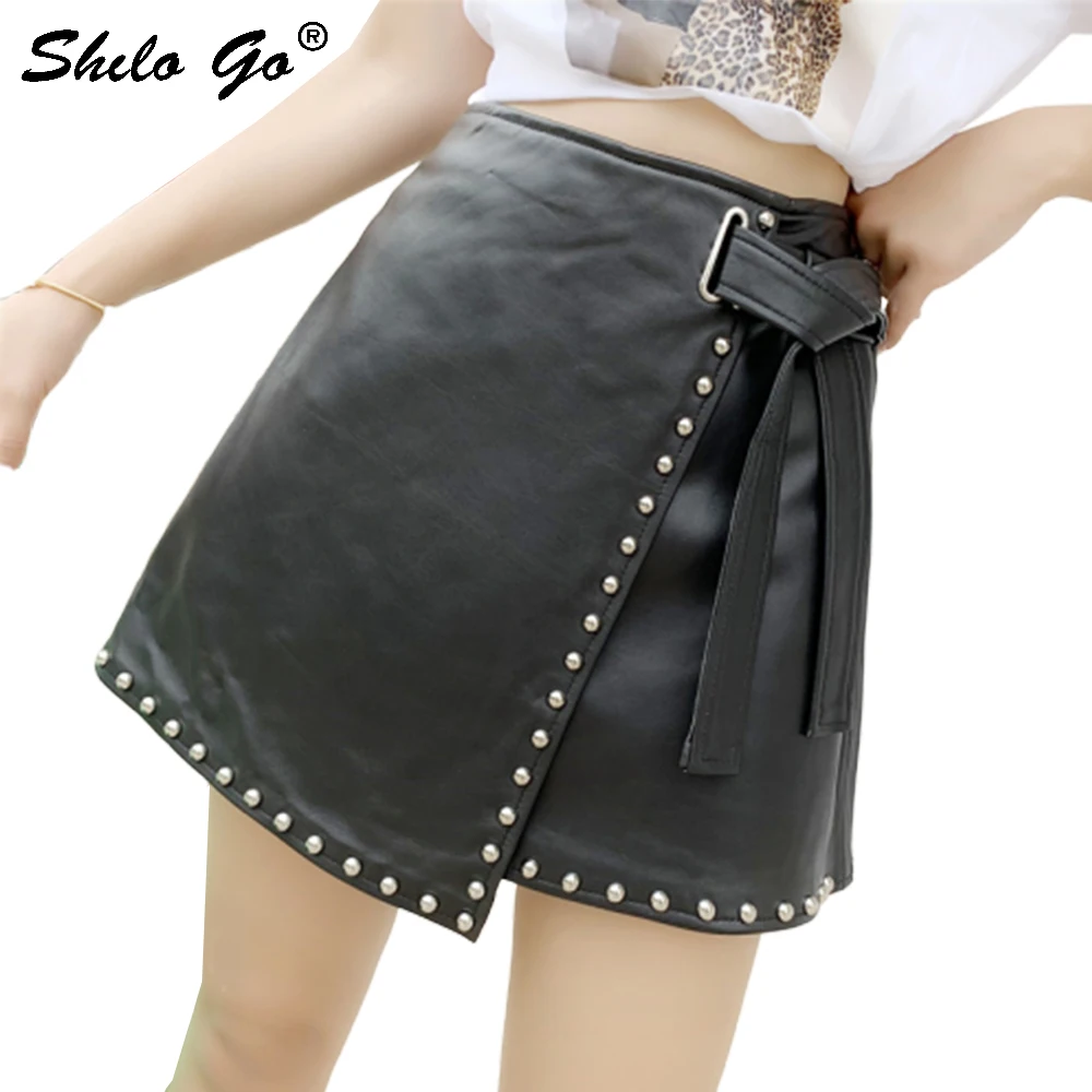 

Genuine Leather Skirt Black Highstreet Rivet Detail Wrap Waist Sheepskin Asymmetry Skirts Women Autumn Winter A Line Hot Skirts