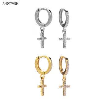 

ANDYWEN 925 Sterling Silver Cross Drop Earring Zircon Pave CZ Crystal Luxury Women Luxury Jewelry Piercing Ohrringe Pendiente