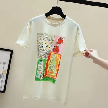 

Summer T Shirt Woman New Style Loose-Fit T-shirt Tops Cool Printed Crew Neck Cotton Mid-length Short Sleeve T-shirt Women's Tee