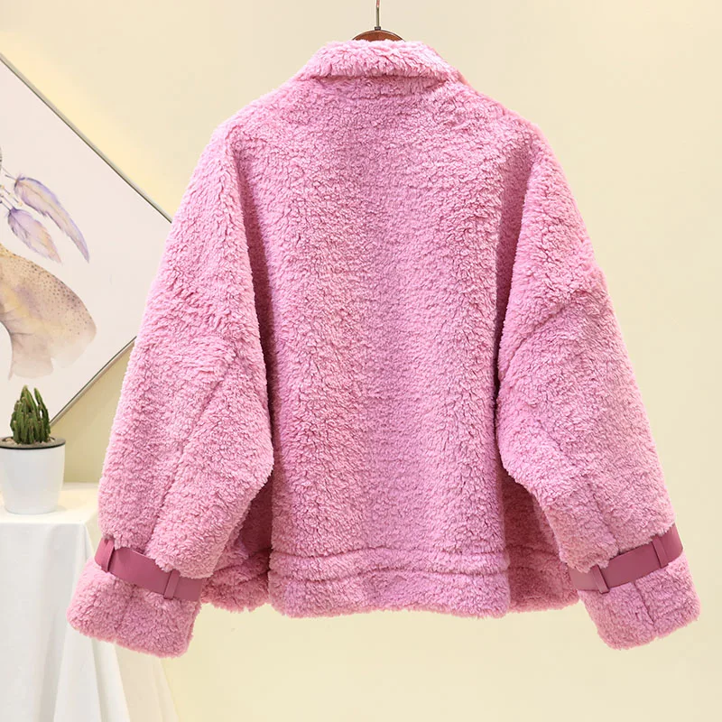 Модная зимняя женская розовая куртка из искусственной кожи, Высококачественная плотная теплая свободная однотонная короткая овечья шерсть, искусственная Меховая куртка, верхняя одежда для женщин
