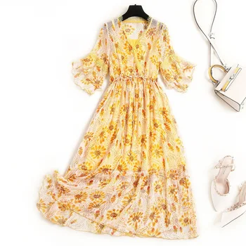 

2020 Summer Temperament Women High End Lace V Neck Half Sleeves Drawcord Bow Tie Floral Printed Mulberry Silk Chiffon Dress